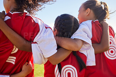 Buy stock photo Girl, soccer group and back with huddle on field for match, contest or game with team building support. Female kids, football player children and hug for solidarity, diversity or motivation on pitch