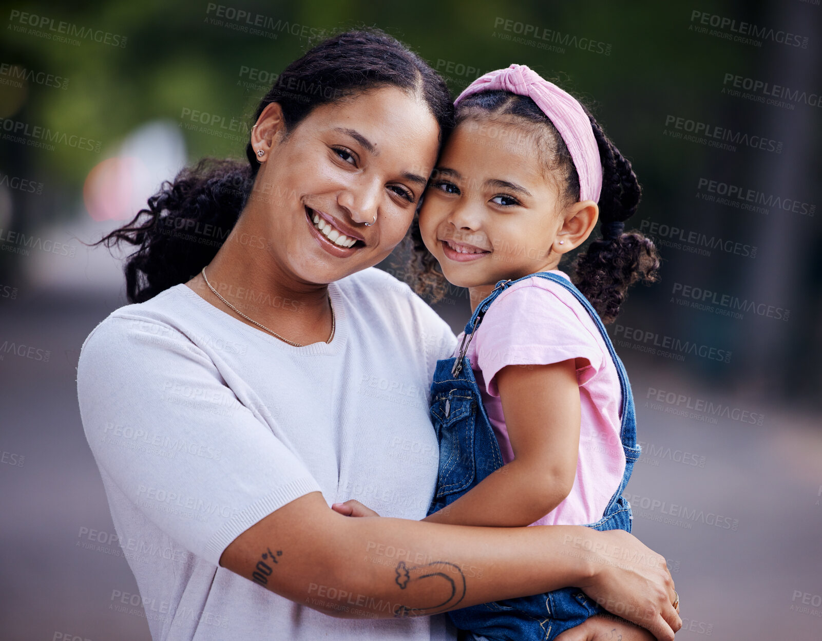 Buy stock photo Portrait, mother and kid hug in park, fun day outdoor with love and care, happy people together in nature. Family, happiness and bonding with childhood, woman and girl are content with smile