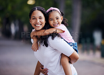 Buy stock photo Portrait, mother piggyback child in park, family with fun day outdoor and happy people together in nature. Love, care and comfort with hug, bonding and content with woman and girl with adventure