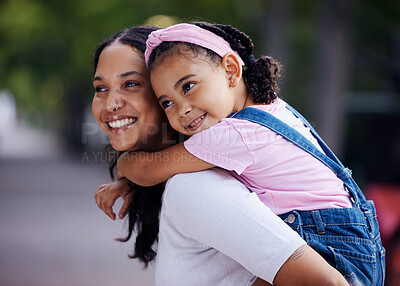 Buy stock photo Mom, girl child and happy with piggyback ride in urban park, street and outdoor for love, bonding and care. Family, mother and daughter with smile, riding back or happiness on vacation, relax or walk