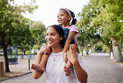 Buy stock photo Back, mother with girl and on neck, happiness, summer break and walking in park for bonding, weekend or quality time for fun. Mom, mama carry female child or playful together, smile or loving outdoor