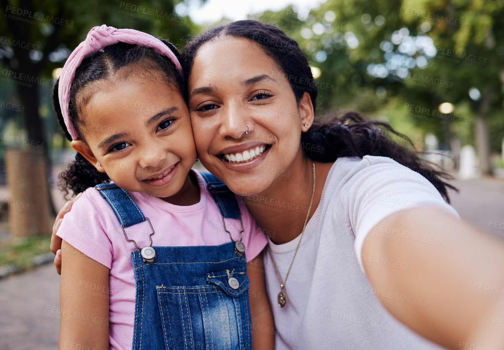 Buy stock photo Child, mother and selfie portrait of a mom and girl in a park with a happy smile outdoor. Happiness, family and mama love with parent care for kid on vacation together of a woman and young person