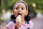 Young girl, face and eating ice cream in park, outdoor in nature with family day and dessert at picnic. Summer vacation, fun trip and gelato with kid, relax and freedom, travel and adventure mockup