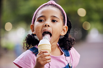 Buy stock photo Young girl, face and eating ice cream in park, outdoor in nature with family day and dessert at picnic. Summer vacation, fun trip and gelato with kid, relax and freedom, travel and adventure mockup