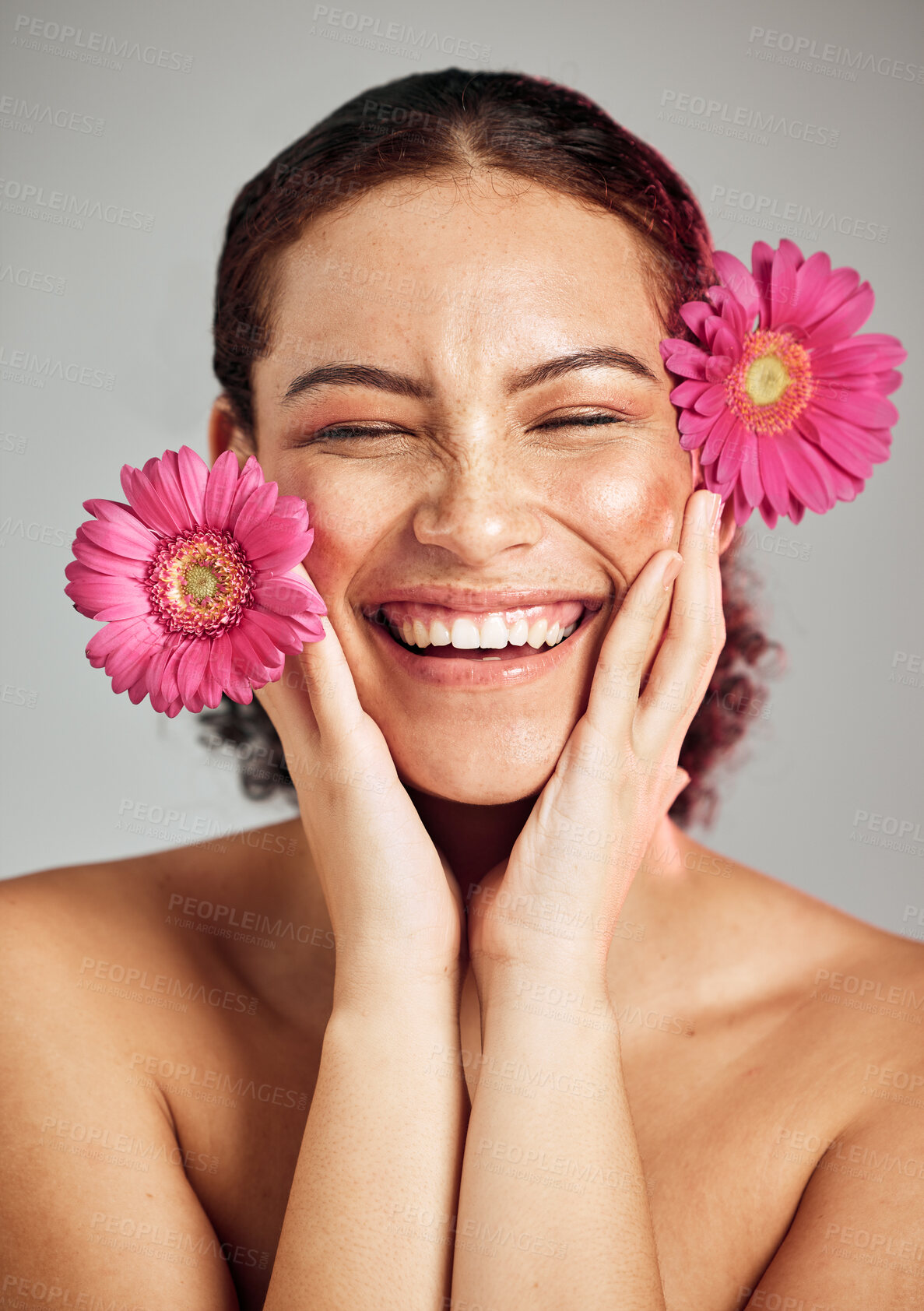 Buy stock photo Natural beauty, flowers and face of happy woman with eco friendly makeup, facial product or floral skincare glow. Sustainable cosmetics, spa salon girl and model smile isolated on studio background