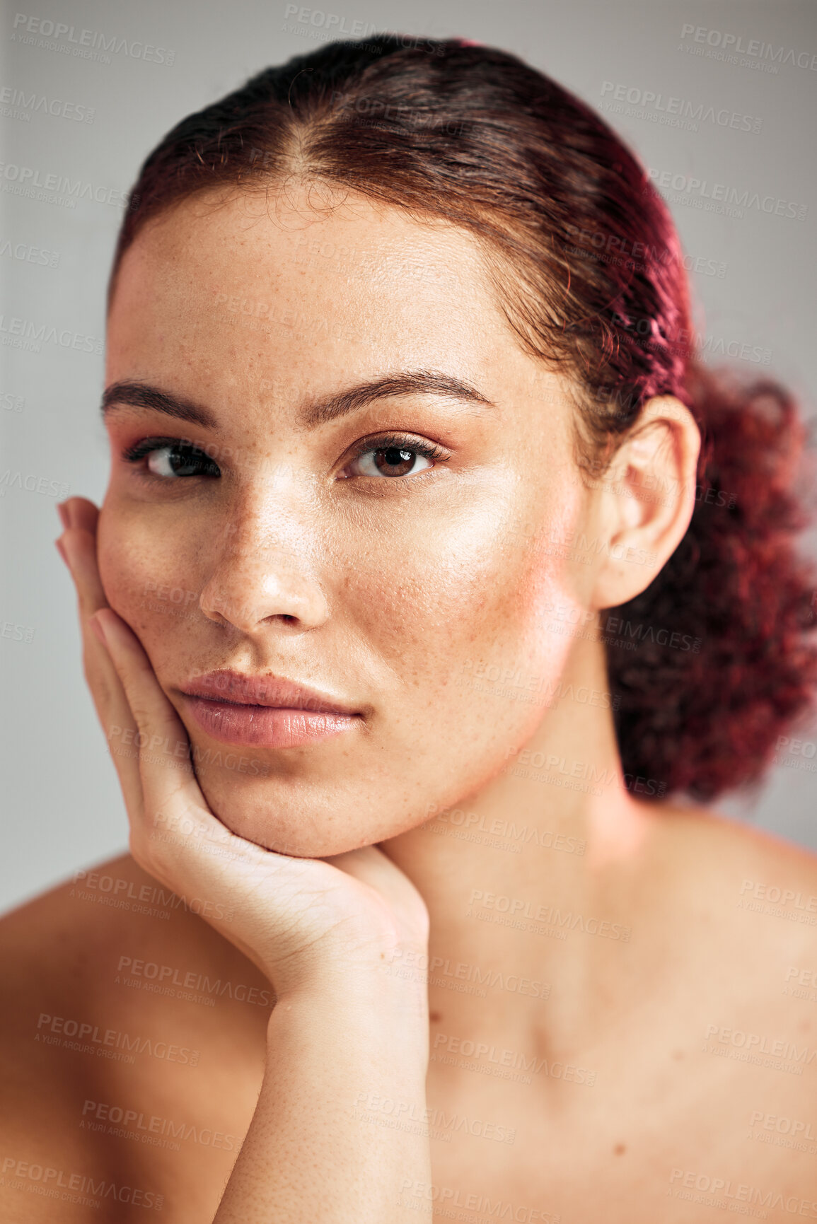 Buy stock photo Skincare, face portrait and beauty of natural person in studio for dermatology, makeup and cosmetics. Facial, wellness and self care for freckle skin glow, healthy lifestyle and real young model