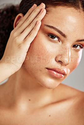 Buy stock photo Skincare, face portrait and beauty glow on skin with freckles for dermatology, makeup and cosmetics. Facial, wellness and self care of model person to show plastic surgery or collagen benefits