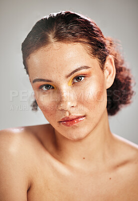 Buy stock photo Beauty makeup, face portrait and woman with serious cosmetics eyeshadow, healthy skincare glow or facial self care. Dermatology, spa salon or aesthetic model girl isolated on studio background