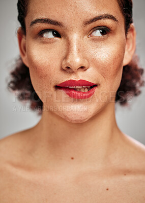 Buy stock photo Beauty, face and woman with lipstick, thinking with makeup and flirt, sexy with skin and cosmetics isolated on studio background. Skincare, bite lips and red with spa treatment and cosmetic care