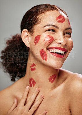 Buy stock photo Beauty, makeup kiss and red lipstick on face of woman model for cosmetics and skincare. Headshot of aesthetic person thinking about love for valentines day, spa facial idea in studio