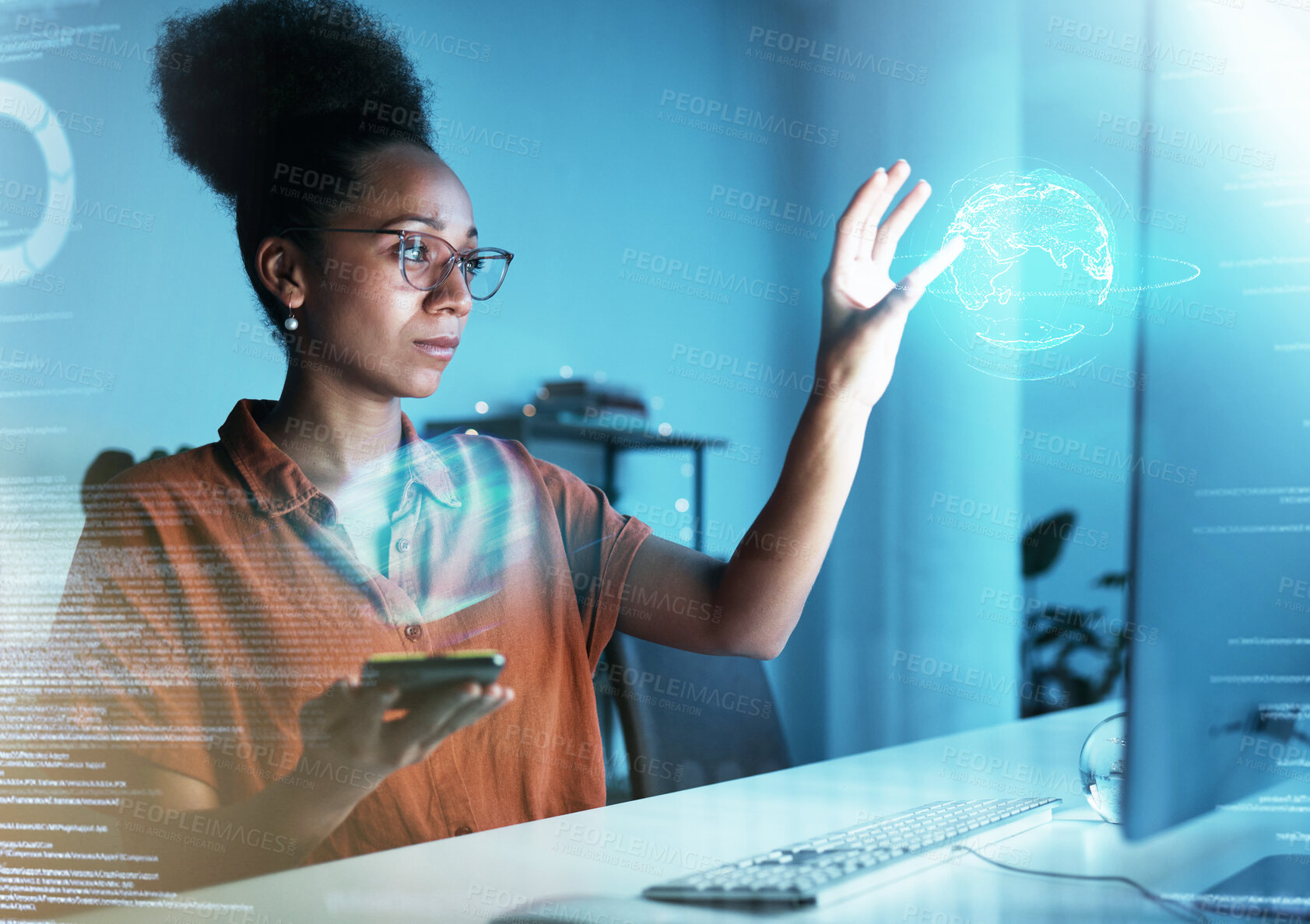 Buy stock photo World hologram, 3d web overlay and business woman with phone in a office looking at data. Fintech, global and futuristic information technology work of a trading worker with digital and crypto ux