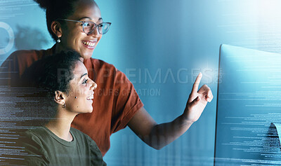 Buy stock photo Manager help employee, hologram and programming with computer, cyber security and cloud computing. Process, woman speaking to consultant and explain systems, code or programmer talks to IT specialist