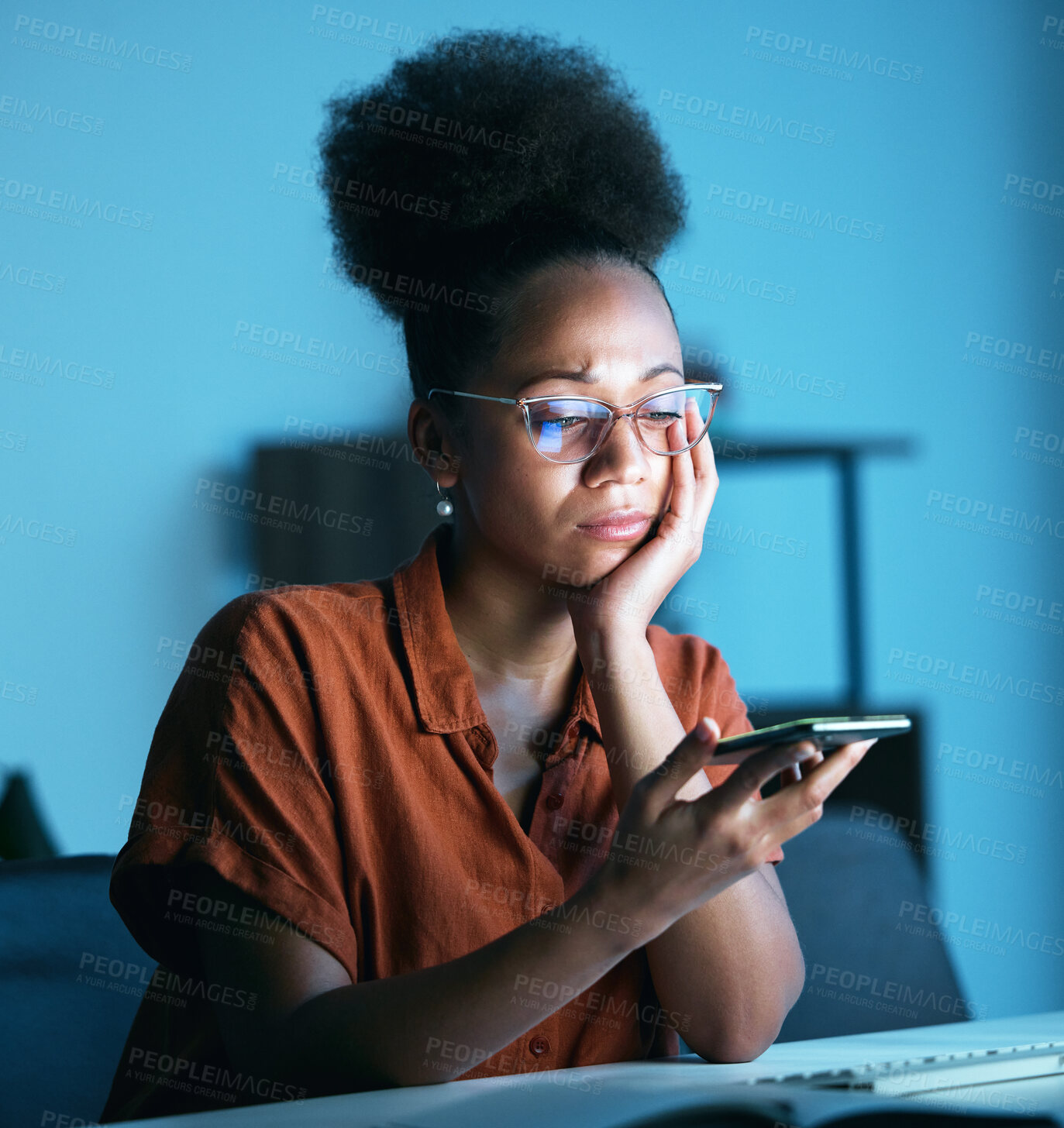 Buy stock photo Business, black woman and phone call on speaker, stress and concerned look in modern office. African American female employee, entrepreneur and agent with smartphone, disconnected and mental health