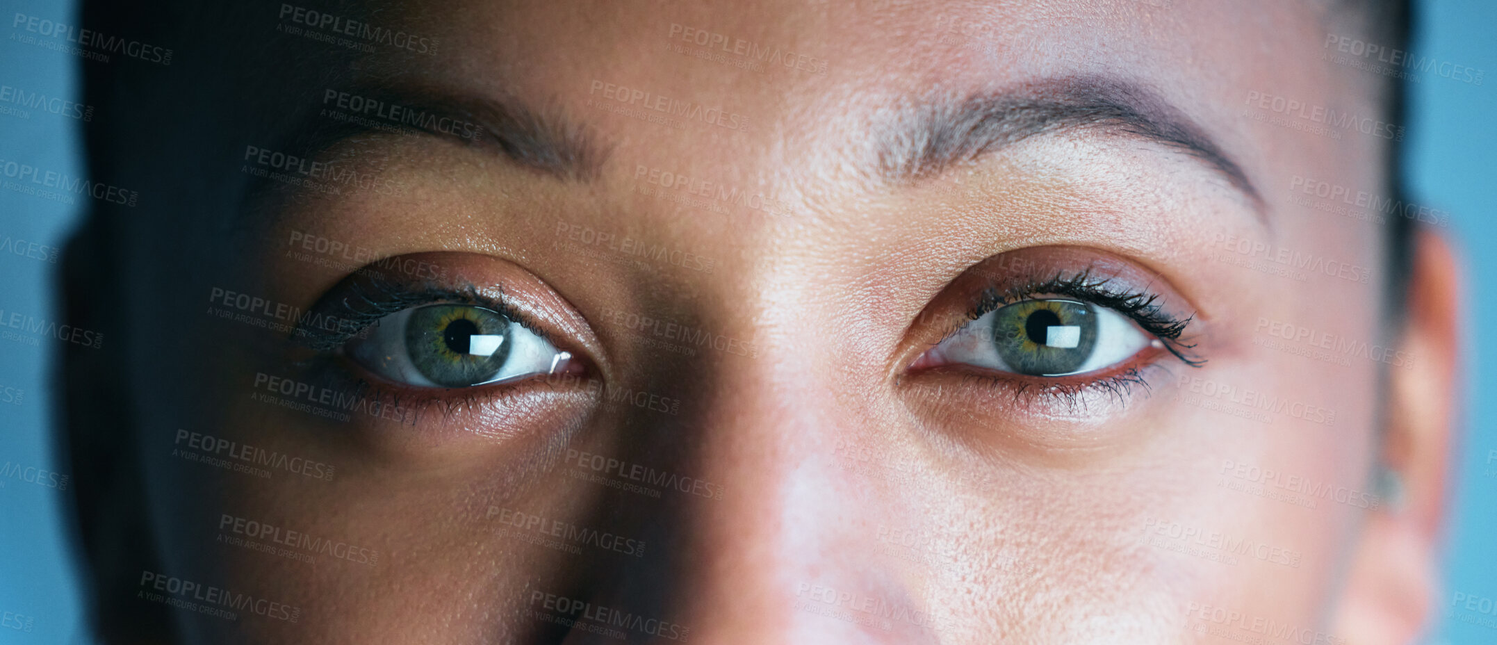 Buy stock photo Woman, face and eyes looking for biometrics, optics or vision in the future for scanning identity. Closeup of female eye in focus for scan, cyber security or facial recognition with optical iris
