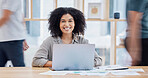 Portrait, happy or business woman with laptop in office for motivation, inspiration or vision with a smile. Manager, leader or employee with tech for innovation, strategy and future success planning