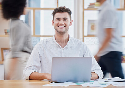 Buy stock photo Portrait, happy or business man with laptop in office for motivation, inspiration or vision with a smile. Manager, leader or employee with tech for innovation, strategy and future success planning
