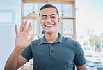 Wave, greeting and portrait of a man in the office for an online meeting, webinar or video call. Happy, smile and professional male employee waving his hand for welcome while working in the workplace