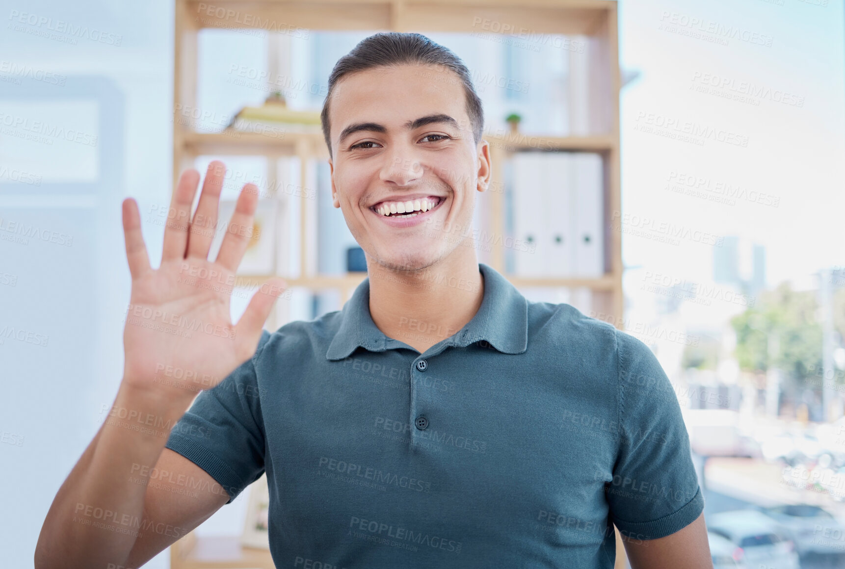 Buy stock photo Wave, greeting and portrait of a man in the office for an online meeting, webinar or video call. Happy, smile and professional male employee waving his hand for welcome while working in the workplace