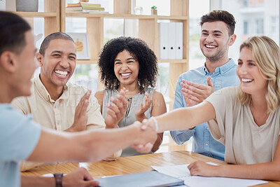 Buy stock photo Deal, handshake and applause with business people in meeting for partnership, target and success. Winner, congratulations and welcome with employee shaking hands for sales, thank you or company goals