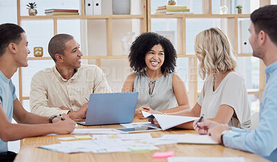 Buy stock photo Business people, meeting and collaboration planning strategy documents, sales research or brainstorming ideas in office. Happy team, corporate employees and discussion together for startup reports