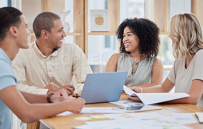 Buy stock photo Teamwork discussion, laptop and planning strategy, sales research or brainstorming ideas with document in office. Happy team, corporate employees and meeting conversation together for startup reports