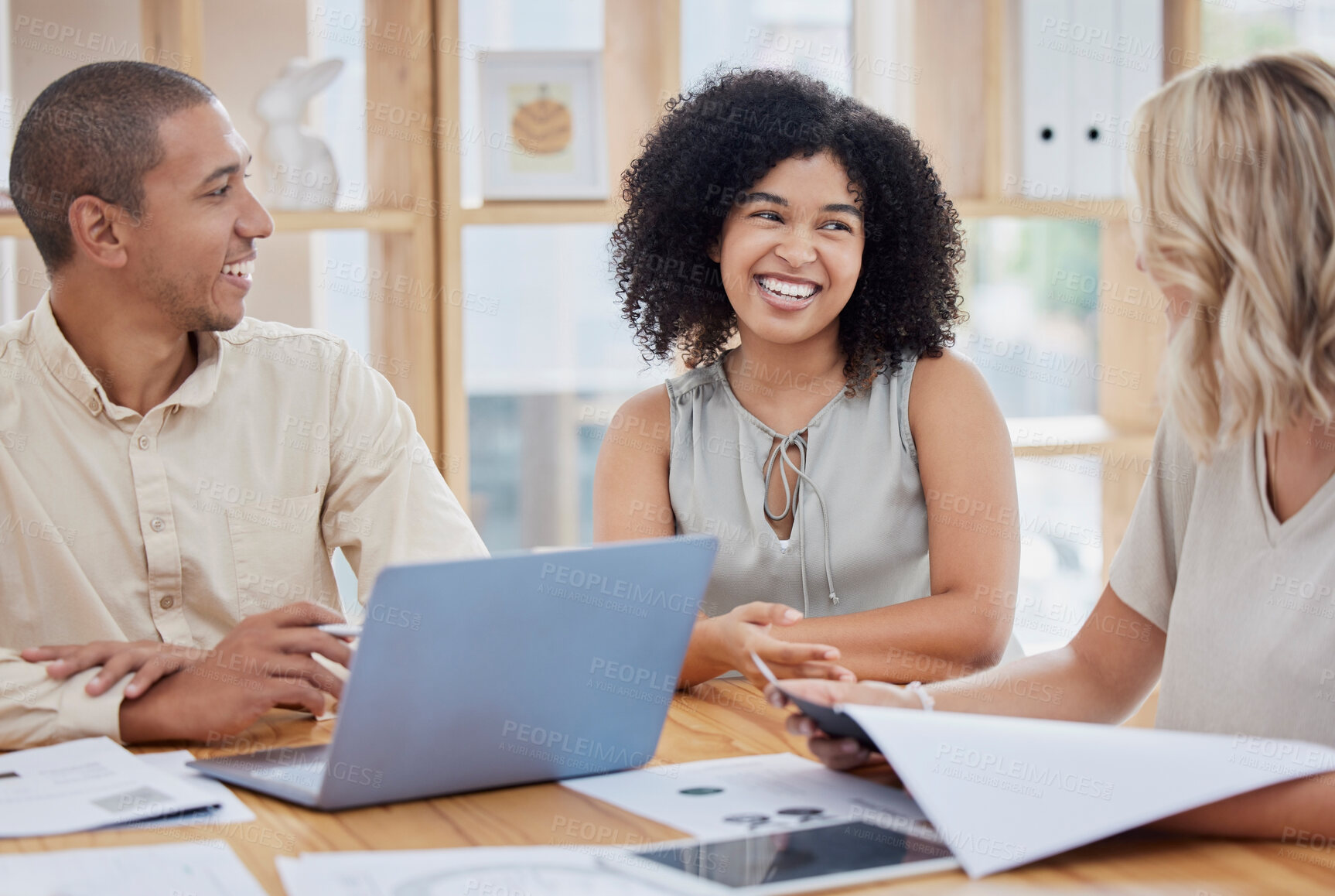 Buy stock photo Happy, teamwork or business people on laptop in meeting for company vision, creative planning or communication. Team building, smile or happy startup with documents for research, idea strategy review