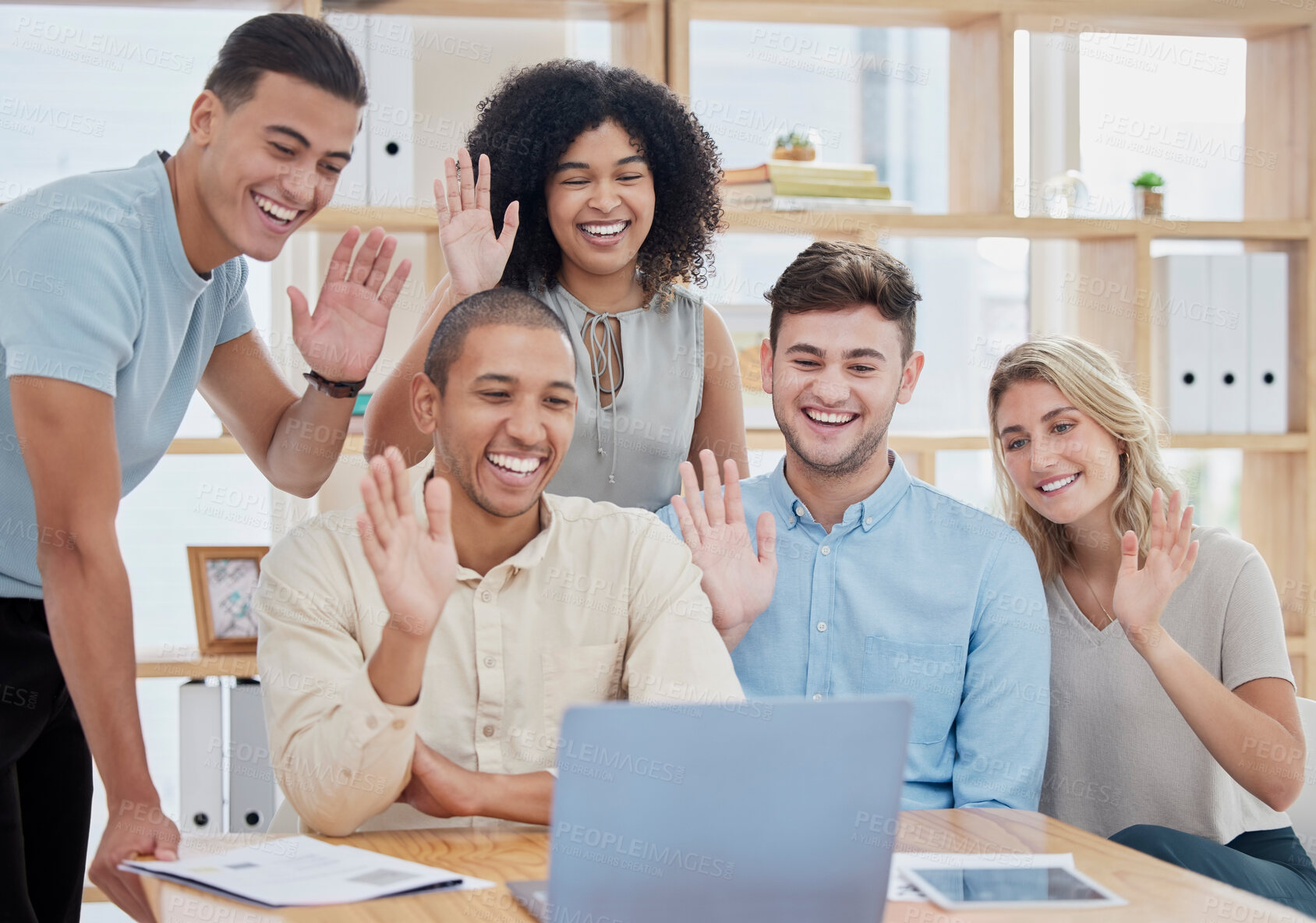 Buy stock photo Webinar, laptop video call or business people wave for communication, networking or training with smile in office building. Teamwork, happy or team greeting for meeting, collaboration or presentation