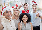 Christmas party, selfie and business people with hand gesture taking pictures. Xmas portrait, employee or group of friends taking social media photo with thumbs up or peace sign at office celebration