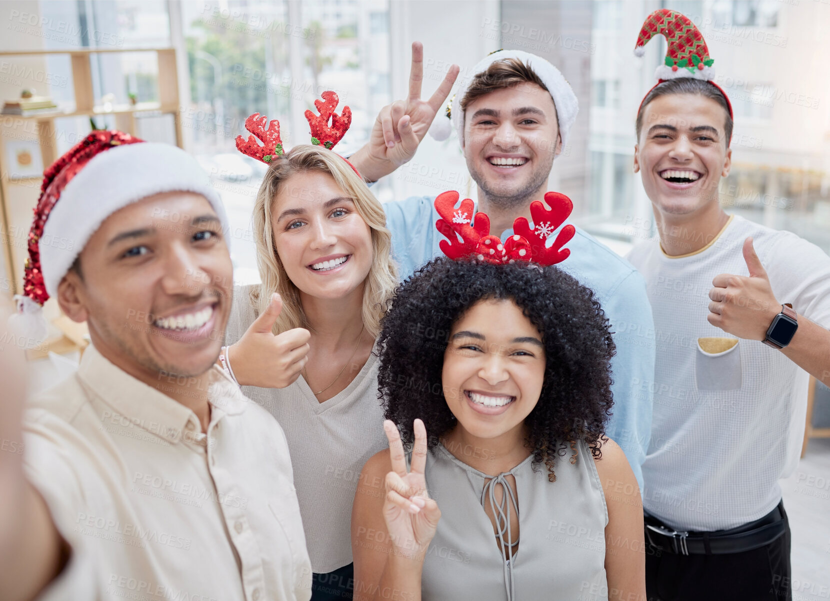 Buy stock photo Christmas party, selfie and business people with hand gesture taking pictures. Xmas portrait, employee or group of friends taking social media photo with thumbs up or peace sign at office celebration