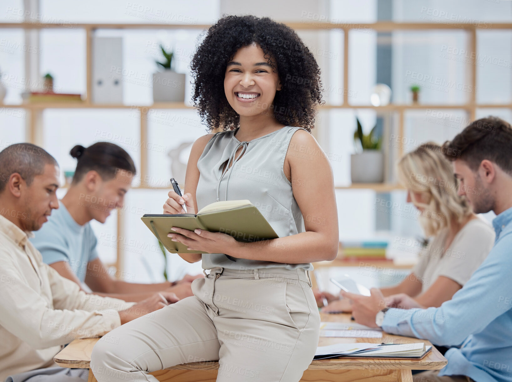 Buy stock photo Black woman, leader smile and meeting collaboration planning strategy and sales research in office. Happy African girl, corporate leadership and employees brainstorming ideas for startup reports