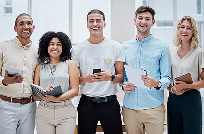 Buy stock photo Portrait, business diversity and teamwork in office, international company and collaboration. Happy people, young group and employees smile in global startup, professional agency and career happiness