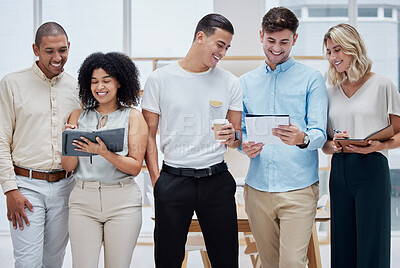 Buy stock photo Creative business people, teamwork and collaboration in team building with smile together for startup at a office. Happy employee workers smiling in happiness for group training, planning or schedule