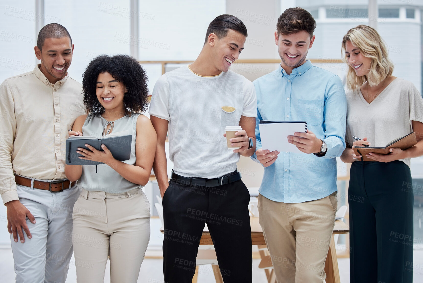 Buy stock photo Creative business people, teamwork and collaboration in team building with smile together for startup at a office. Happy employee workers smiling in happiness for group training, planning or schedule