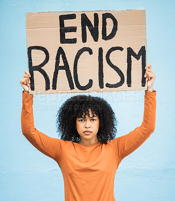 Buy stock photo Black woman protest, poster and angry at racism, fight for equality, human rights and freedom isolated on blue background. Global problem, social justice and revolution, anger in studio and politics