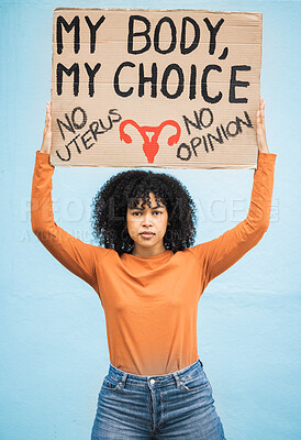 Buy stock photo Equality, feminism and portrait of a woman with a sign for human rights, abortion or political opinion. Protest, march and female from Mexico with a feminist board for change, empowerment and justice