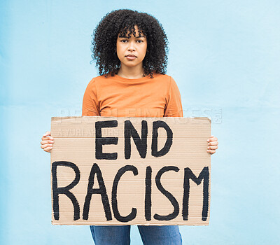 Buy stock photo Black woman protest, sign and anger in portrait, racism and equality, human rights and freedom isolated on blue background. Global problem, social justice and revolution, angry in studio and politics