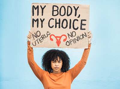 Buy stock photo Feminism, protest and portrait of a woman with a sign for human rights, abortion or political opinion. Strong, march and female from Mexico with a feminist board for change, empowerment and equality.