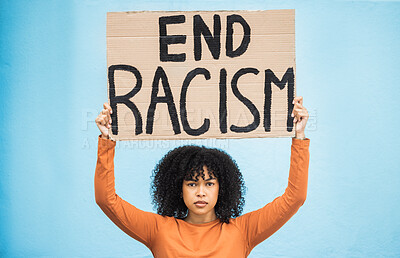 Buy stock photo Black woman protest, poster and anger at racism, fight for equality, human rights and freedom isolated on blue background. Global problem, social justice and revolution, angry in studio and politics