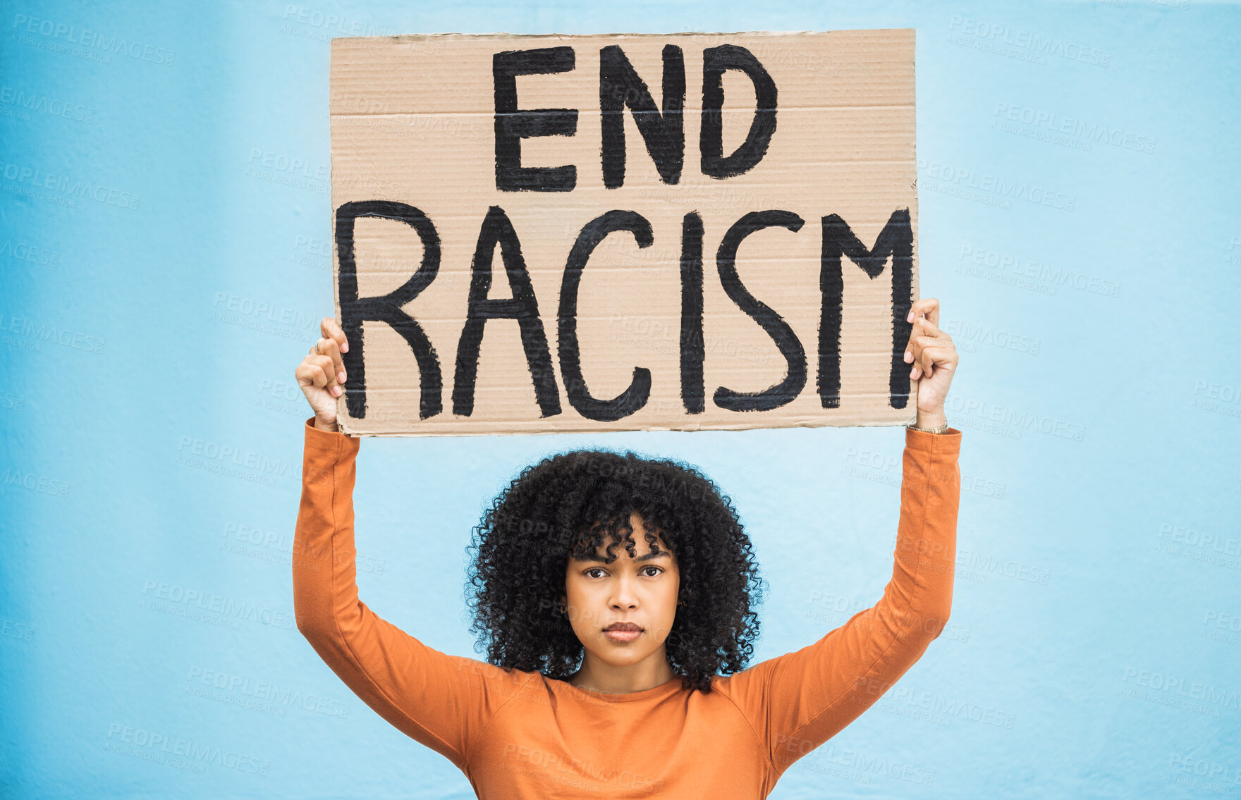 Buy stock photo Black woman protest, poster and anger at racism, fight for equality, human rights and freedom isolated on blue background. Global problem, social justice and revolution, angry in studio and politics