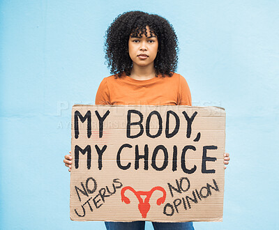 Buy stock photo Feminism, protest and portrait of a woman with a sign for human rights, abortion or political opinion. Strong, march and female from Mexico with a feminist board for change, empowerment and equality.