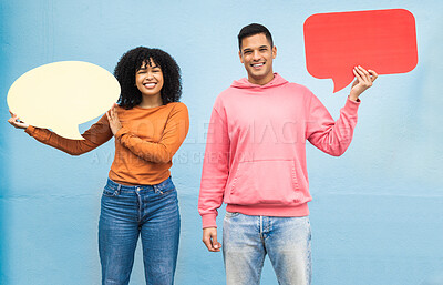 Buy stock photo Happy people, portrait or speech bubble on isolated blue background for social media, vote mock up or idea mockup. Smile, man or woman with communication poster, blank billboard or branding placard