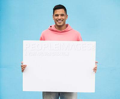 Buy stock photo Happy man, portrait or blank mock up on poster branding, fashion advertising billboard or wall background paper. Smile, person or model with mockup banner for style, trendy or cool clothes marketing