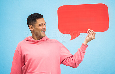 Buy stock photo Happy man, laughing or speech bubble on isolated blue background for social media, vote mock up or idea mockup. Smile, student or model with communication poster, blank billboard or branding placard
