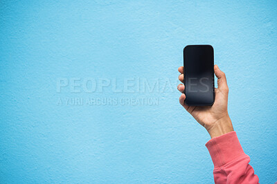 Buy stock photo Person, hand or phone screen mockup on isolated blue background in social media, app or blank web design. Zoom, student or model man with technology mock up for city contact communication or branding