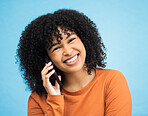 Afro portrait, black woman or phone call by isolated blue background in funny gossip, comedy news or comic story. Smile, face or happy person talking on mobile communication technology by wall mockup