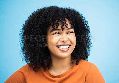 Buy stock photo Black woman, happy and thinking face in blue background studio for empowerment support, positive mindset and confident. Young african girl, smile and happiness vision, ideas or  thoughtful looking 