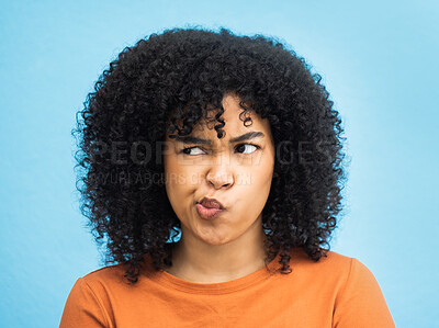 Buy stock photo Thinking, confused and black woman in studio for emoji, contemplating and thought on blue background. Girl, doubt and model unsure, confusion and contemplation, idea and decision while isolated