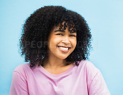 Buy stock photo Smile, beauty and portrait of black woman on blue background with makeup, cosmetics and fashion mockup. Happiness, advertising and face of girl with positive mindset, happy attitude and freedom