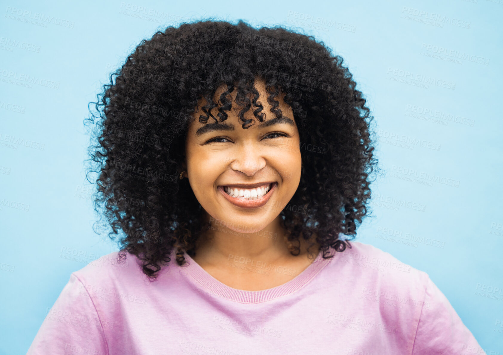 Buy stock photo Fashion, smile and portrait of black woman on blue background with makeup, cosmetics and beauty. Mockup space, advertising and happy face of African girl for positive mindset, attitude and confident
