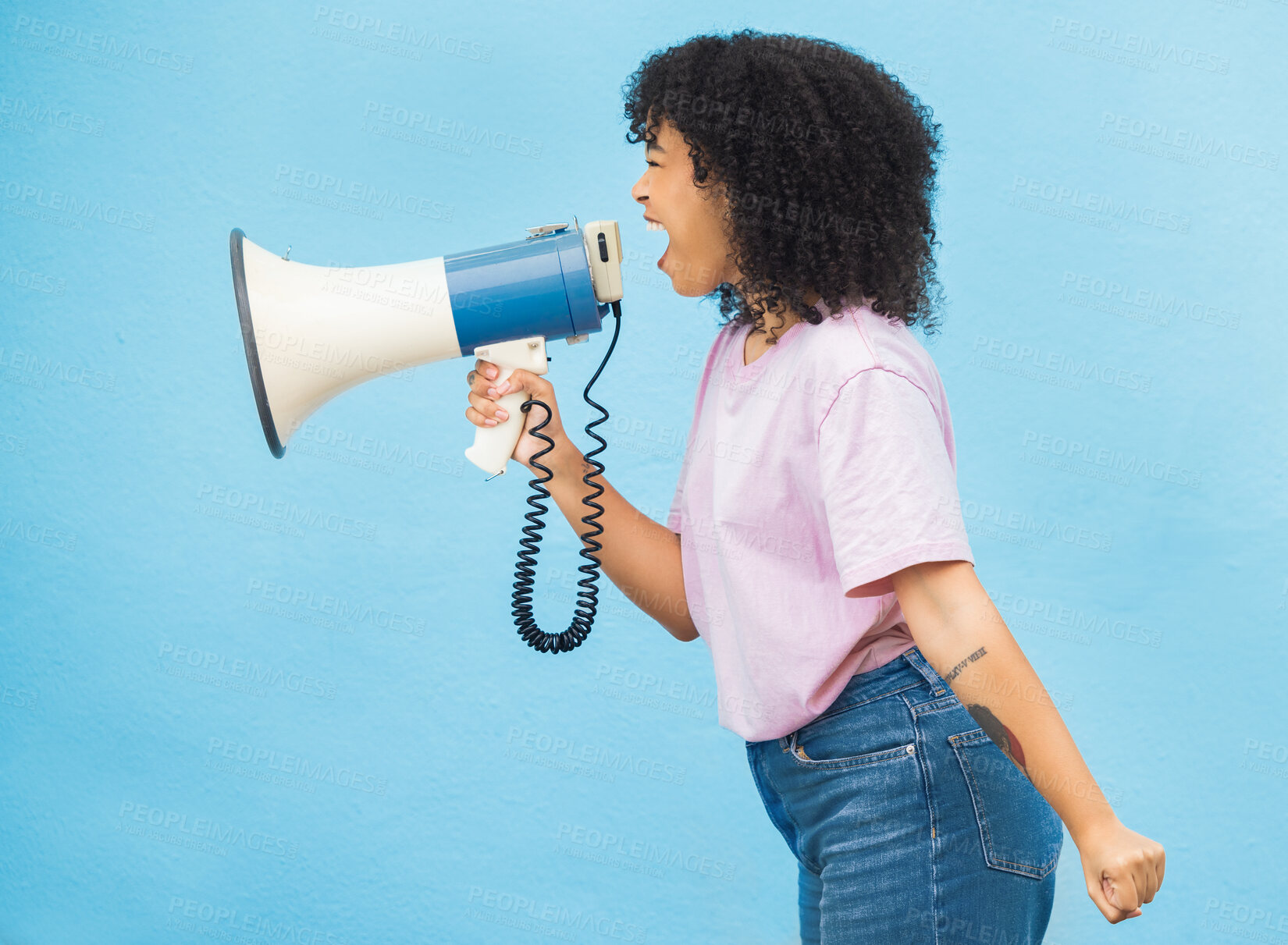 Buy stock photo Megaphone announcement, shout and angry black woman protest for democracy vote, justice or human rights rally. Racism speech, microphone noise or profile of studio speaker isolated on blue background